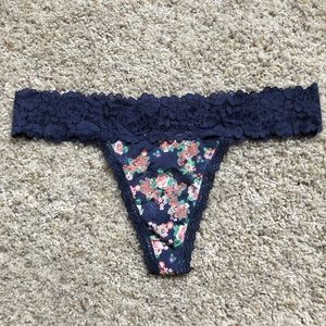 Aerie Shine Floral and Navy Blue Lace Thong Size L